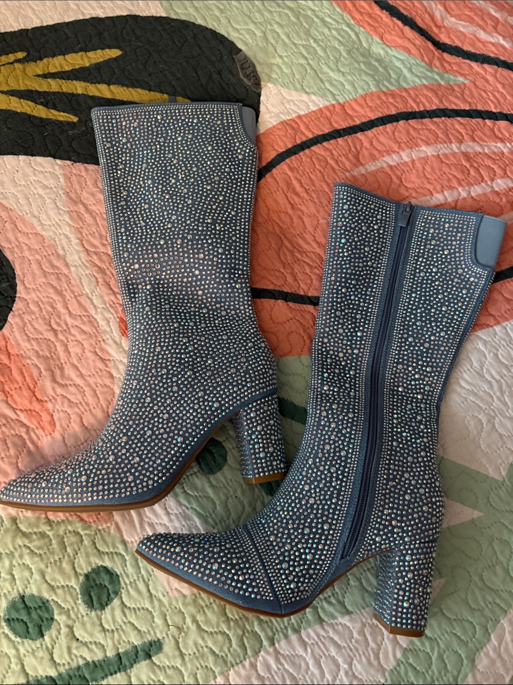 Forever 21 Blue Rhinestone Mid-Calf Block Heel Boots